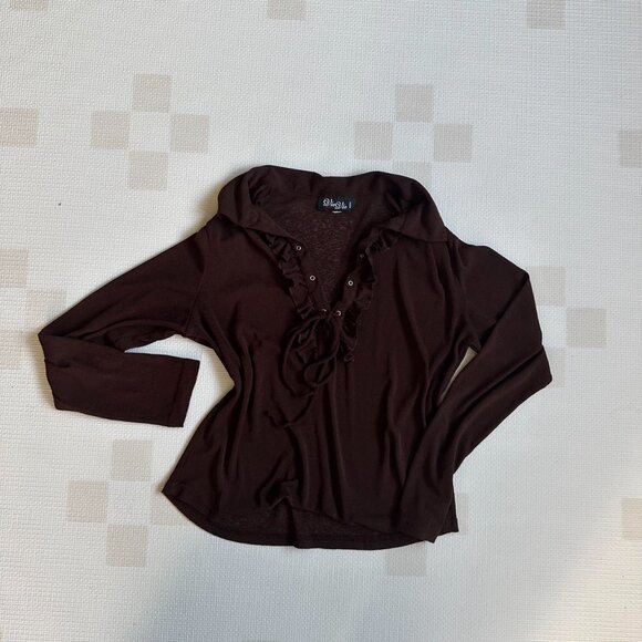 Vintage Y2K Chocolate Brown Ruffle Tie-Up Sheer Top - Made in Canada - Picture 2 of 8